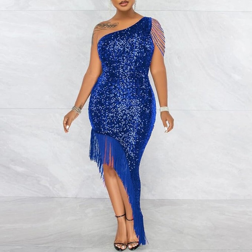 Cololura Women Sequin Elegant Sexy Tassels One Shoulder Mermaid Bodycon